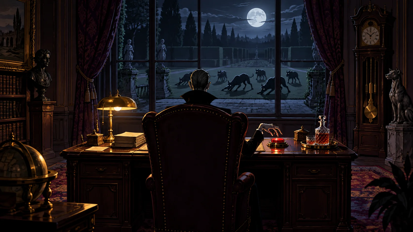A thin figure in a high-backed chair sits in a dark mansion study, a pack of guard dogs prowling the moonlit lawn beyond the window.