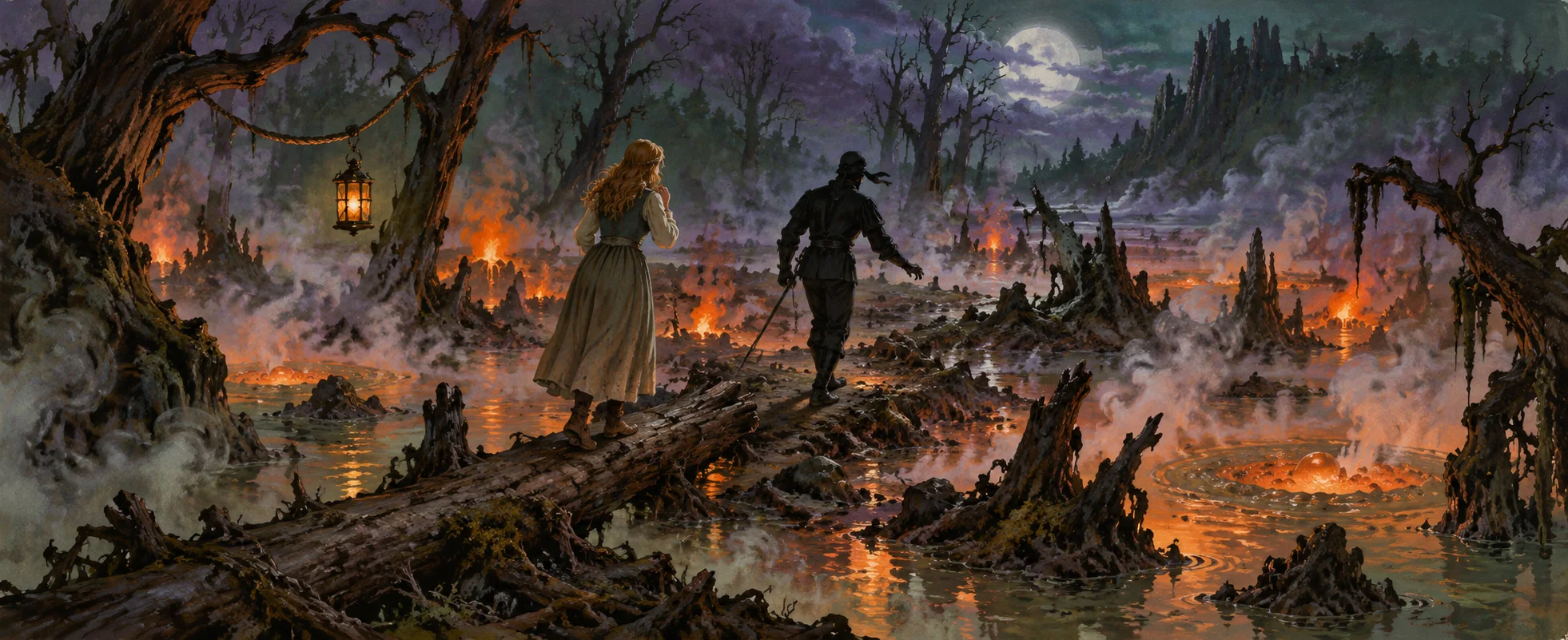 A woman in a pale dress and a man in black cross a smoking, fiery swamp at night.