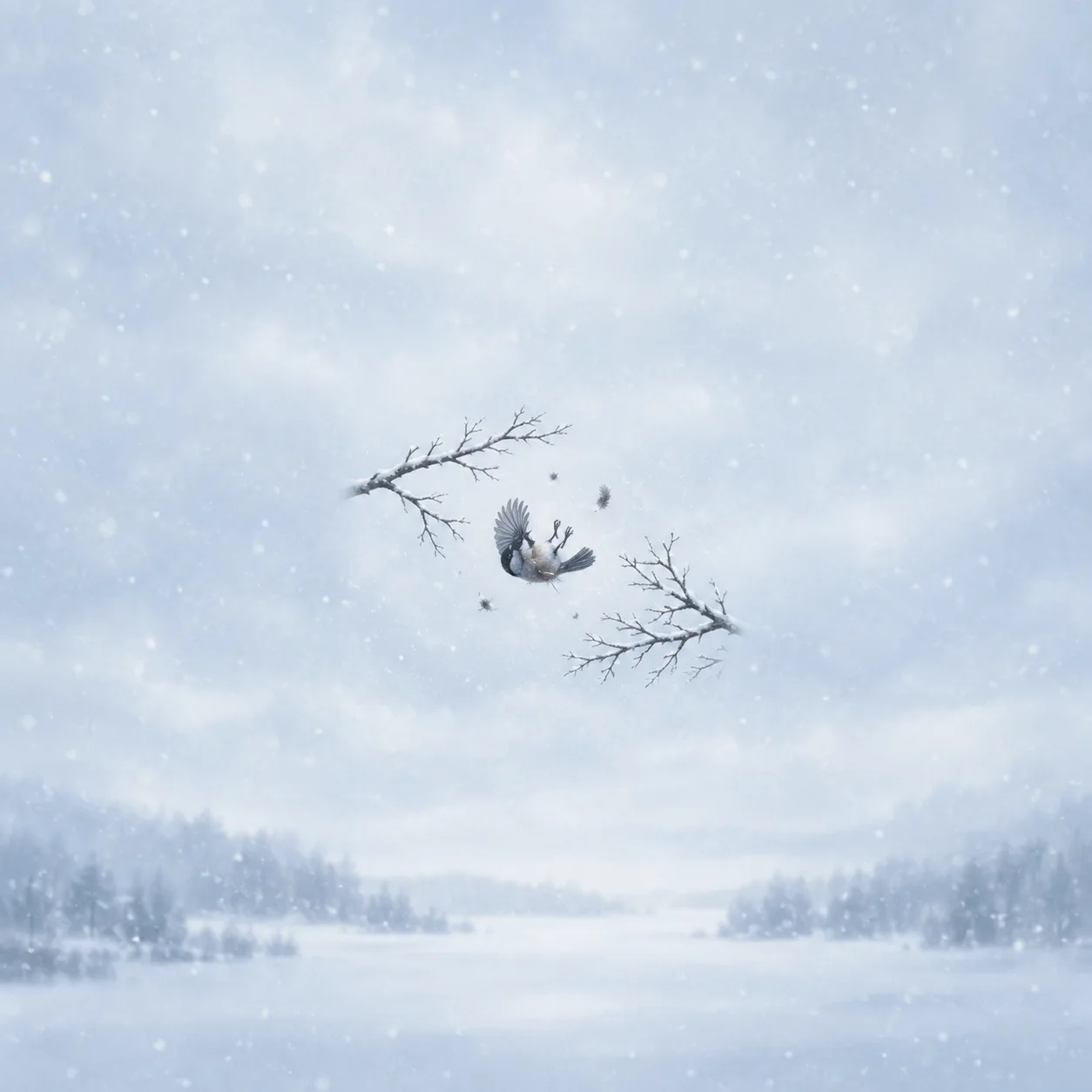 Painterly small bird falling between bare branches over a snowy landscape.