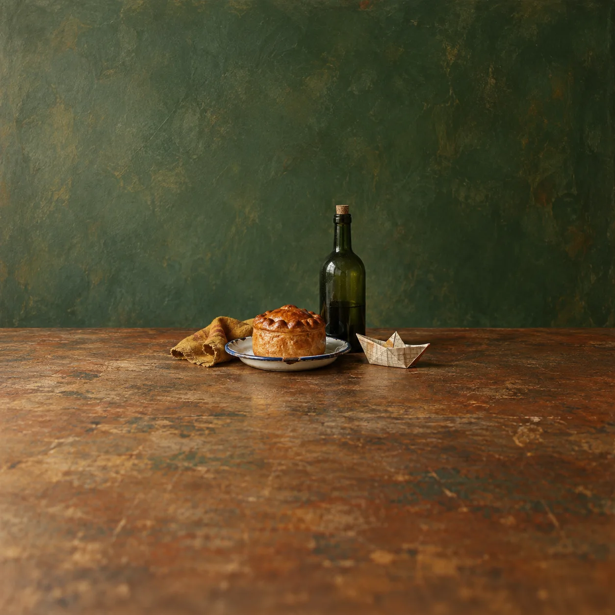 A pork pie sits on a plate beside a green bottle, folded cloth and small paper boat.