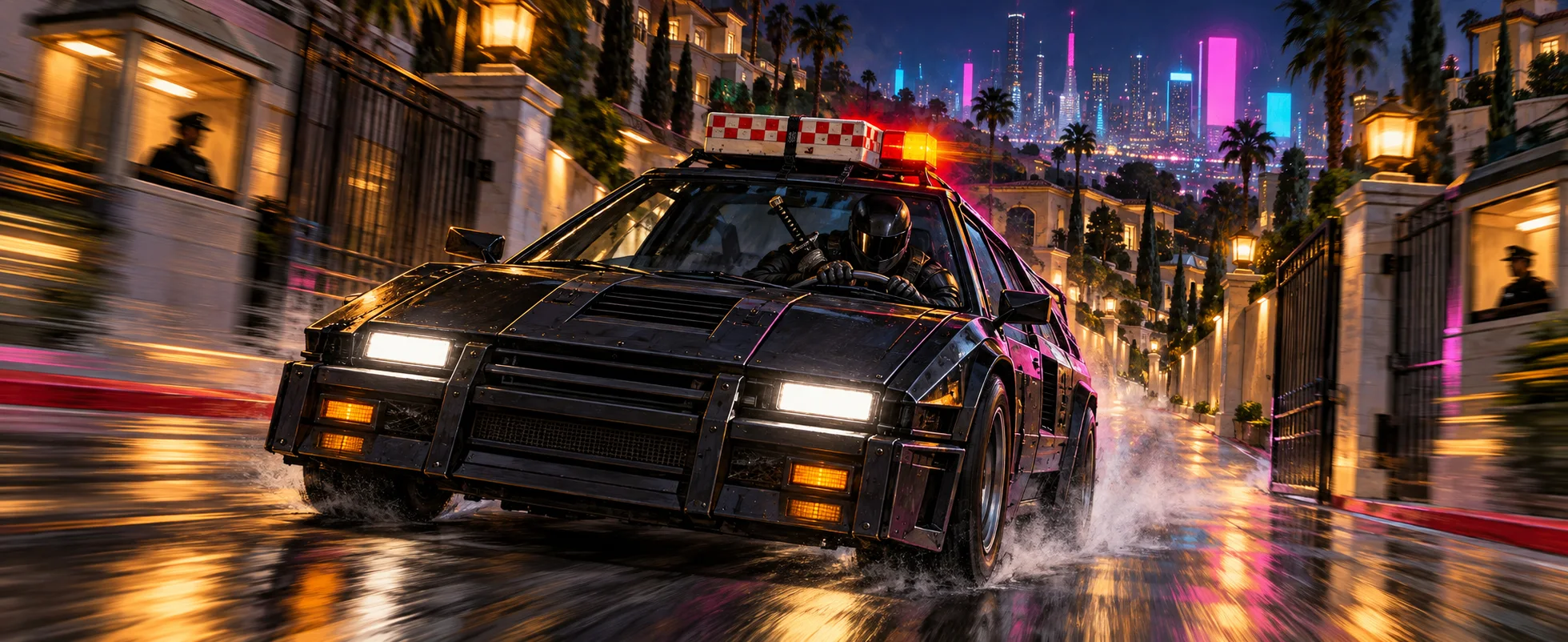 A black armoured car with a pizza-box light on its roof tears through a wet, neon-lit gated street at night.