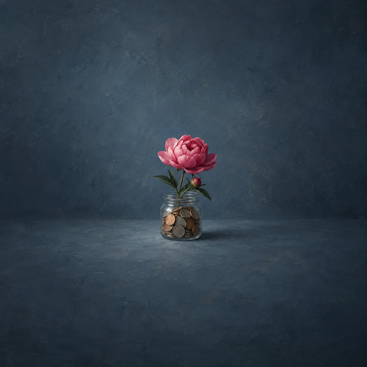 A pink peony blooming from a small glass jar filled with coins against a dark blue background.