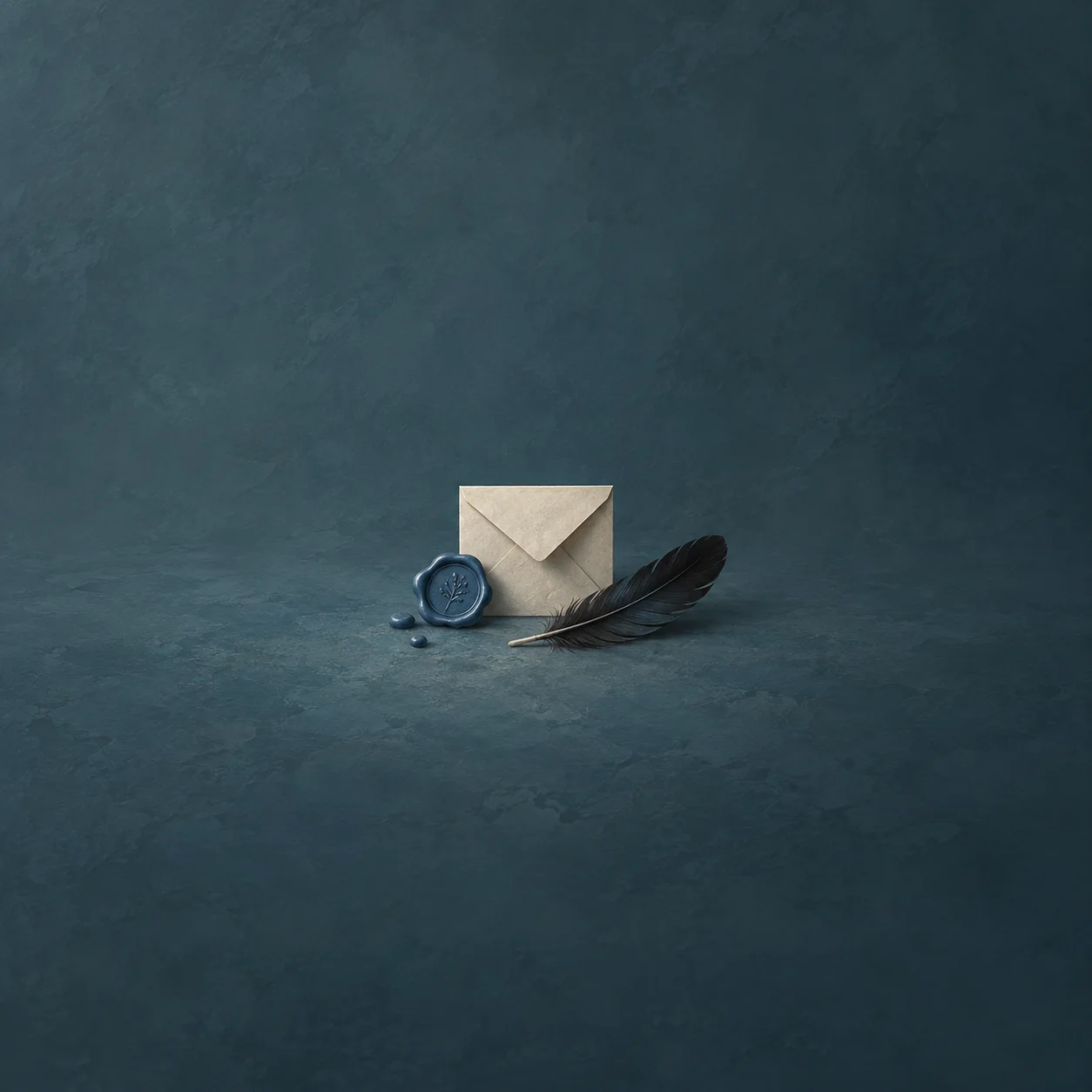 A blank cream envelope beside a broken blue wax seal and a black feather on a slate-blue surface.