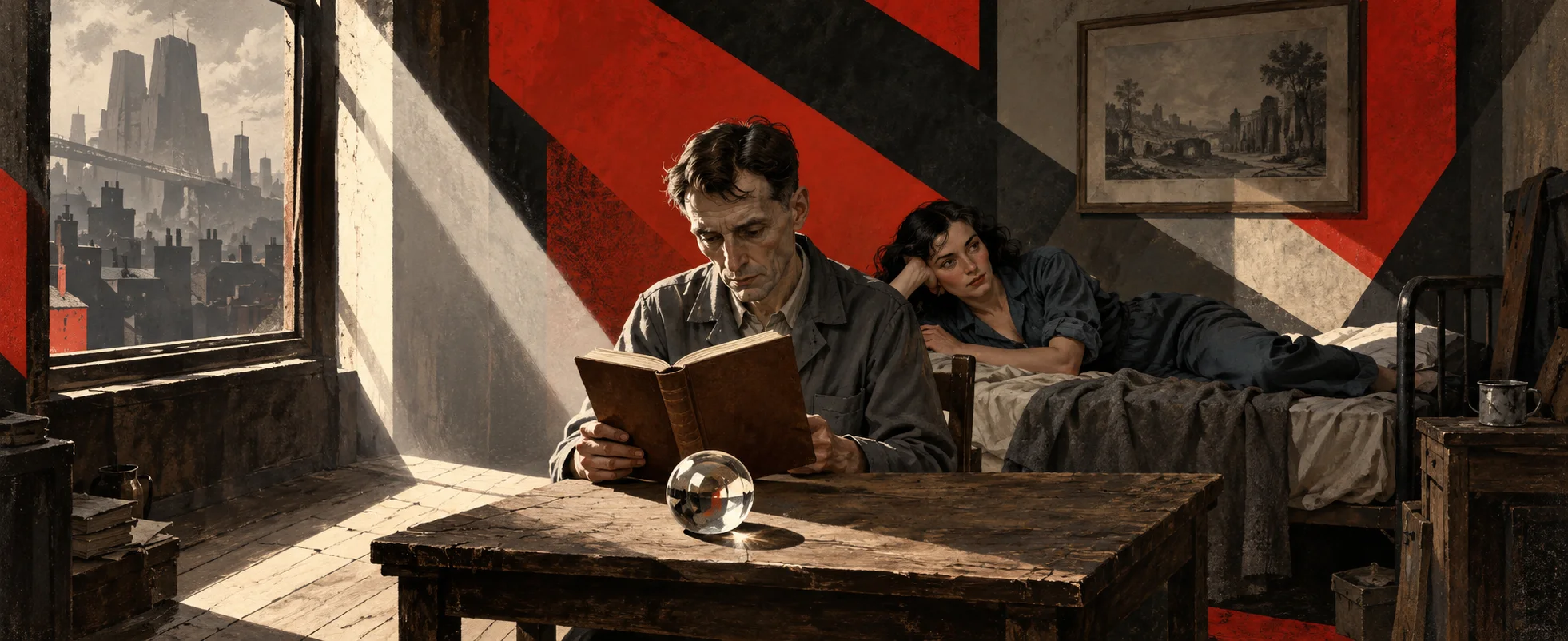 A thin man in a Party overall reads a forbidden book at a table in a sunlit attic room while a woman lies on the bed behind him, a glass paperweight on the table.