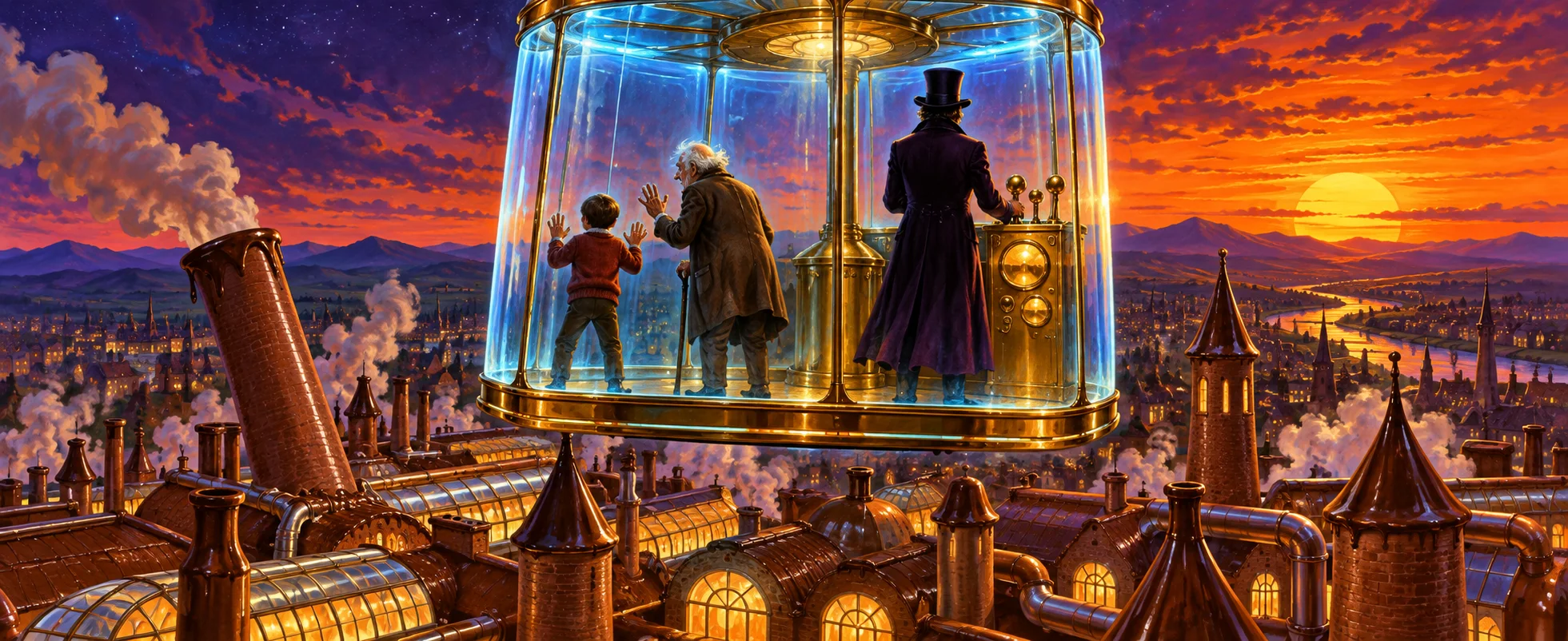 A boy, his grandfather and a man in a top hat ride a glass lift high above a factory town at sunset.