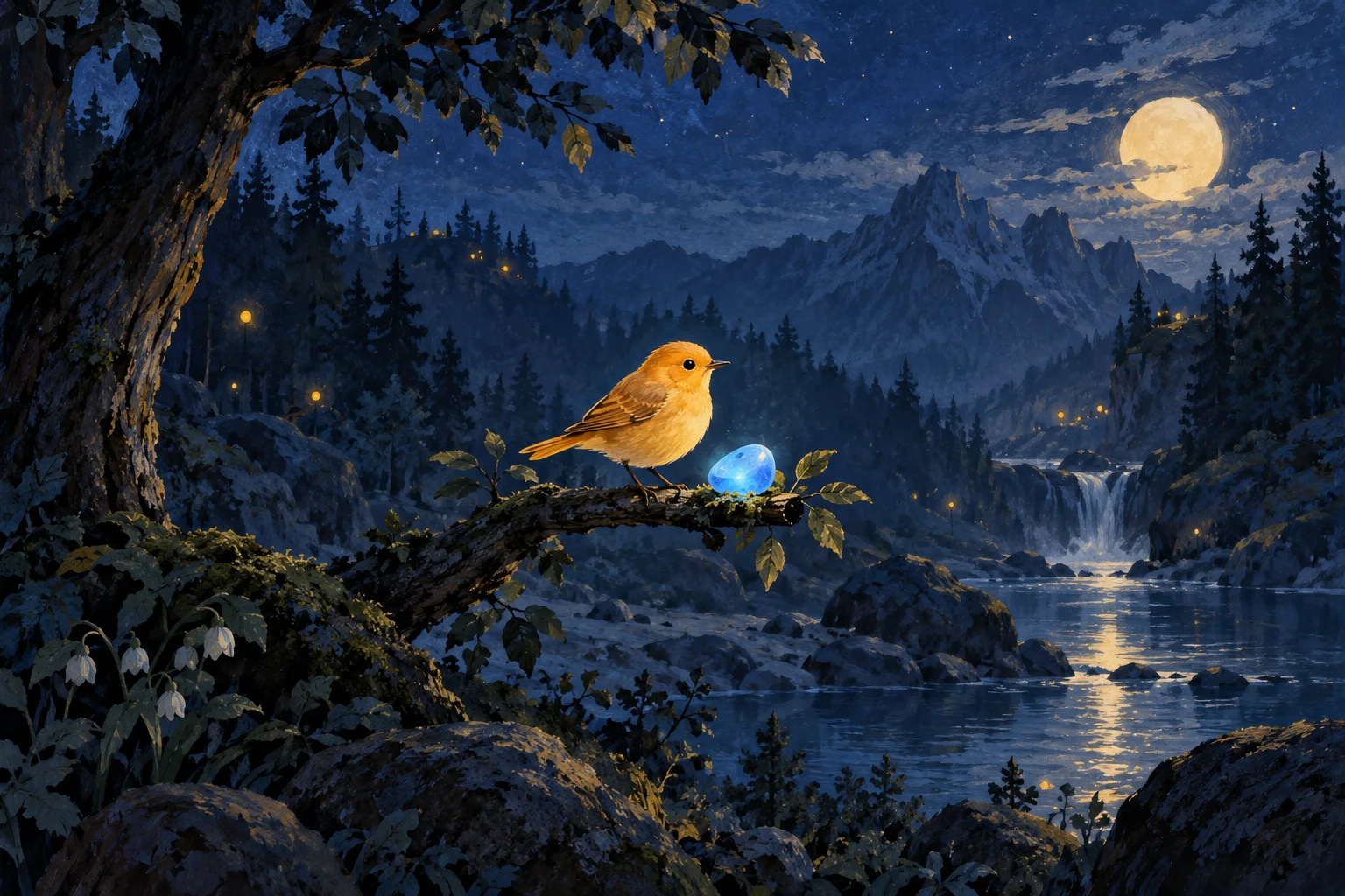 A small amber bird with its beak closed perches beside a glowing blue pebble above a moonlit forest valley.