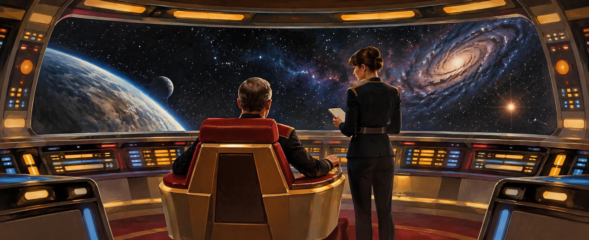 A captain in a red uniform sits in the command chair facing a wide starfield viewscreen as an officer stands nearby.