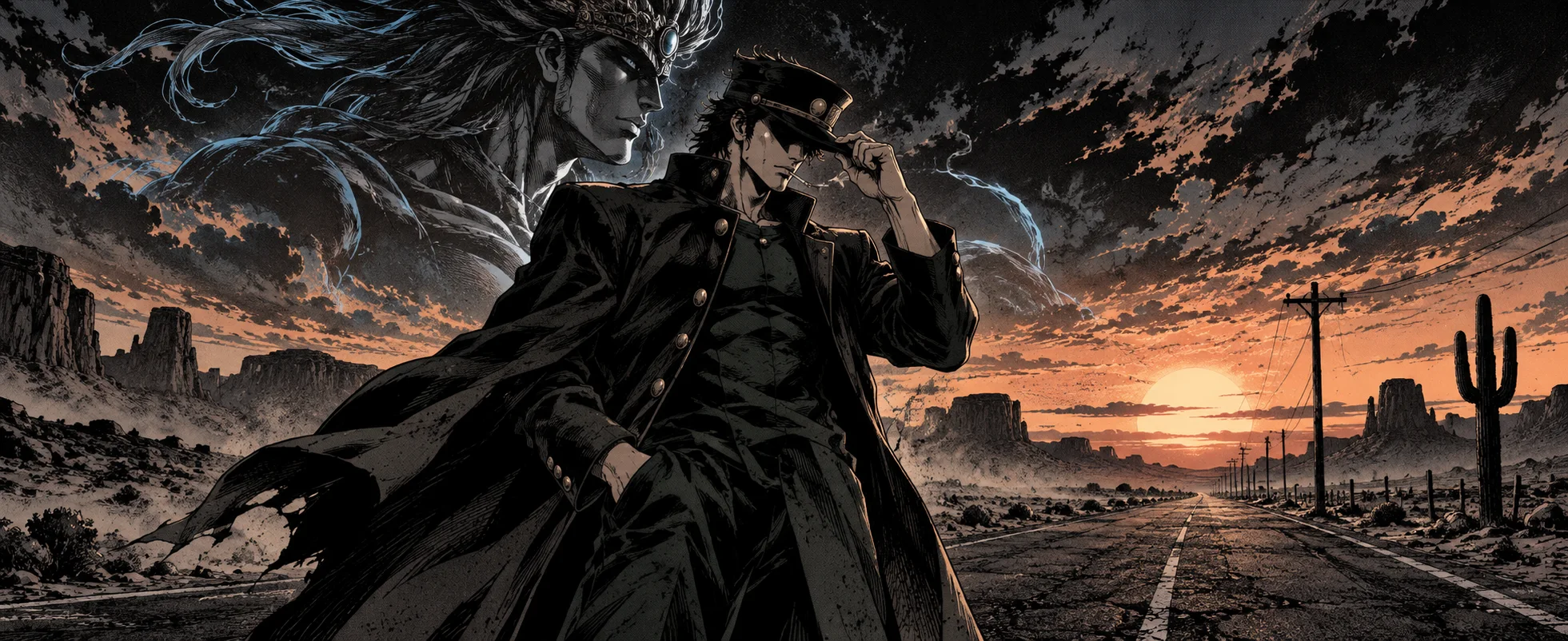 A tall youth in a long dark coat and peaked cap tips the brim of his cap on a desert road at dusk, a spectral warrior looming behind him.
