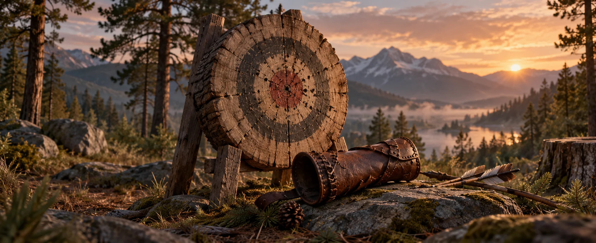 A rough wooden practice target bears old marks beside a carefully repaired leather wrist guard in a pine clearing.