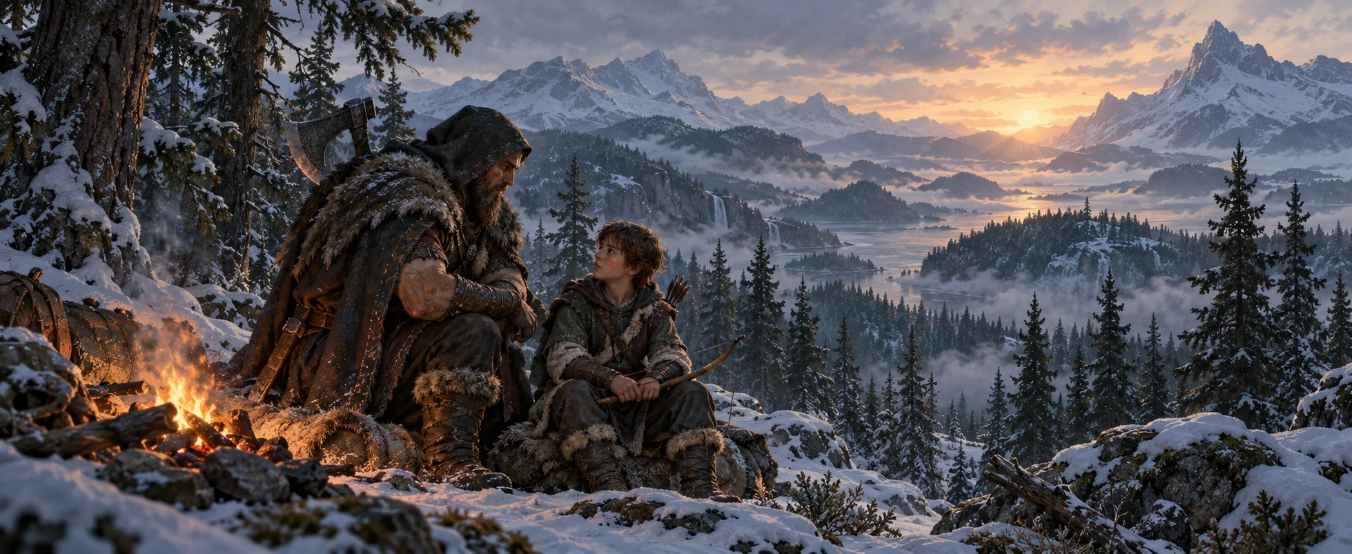 A broad, bearded warrior in furs kneels by a campfire with a young boy in a snowy Norse pine forest.