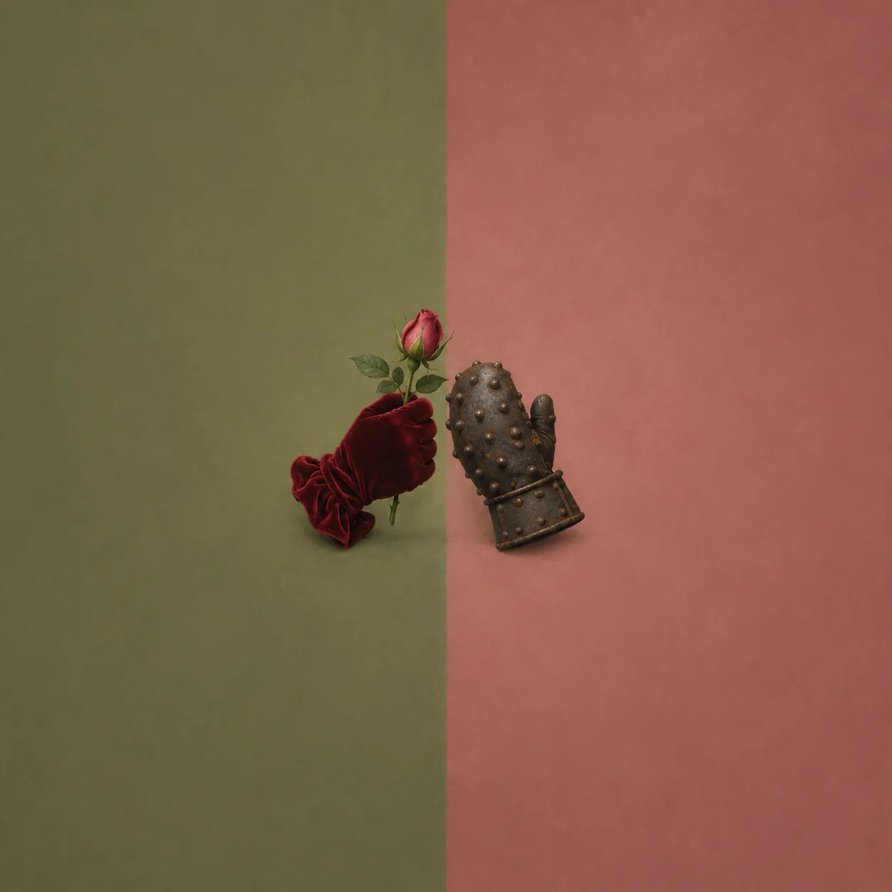 A red velvet glove holds a rosebud beside a studded metal gauntlet on a split green-and-rose background.