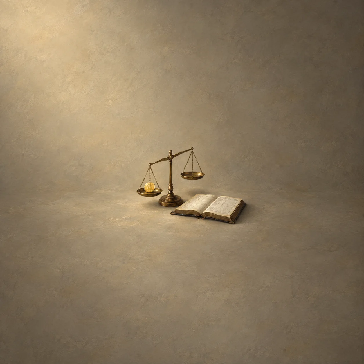 A gold coin rests in one pan of tilted brass scales beside an open book on muted olive ground.