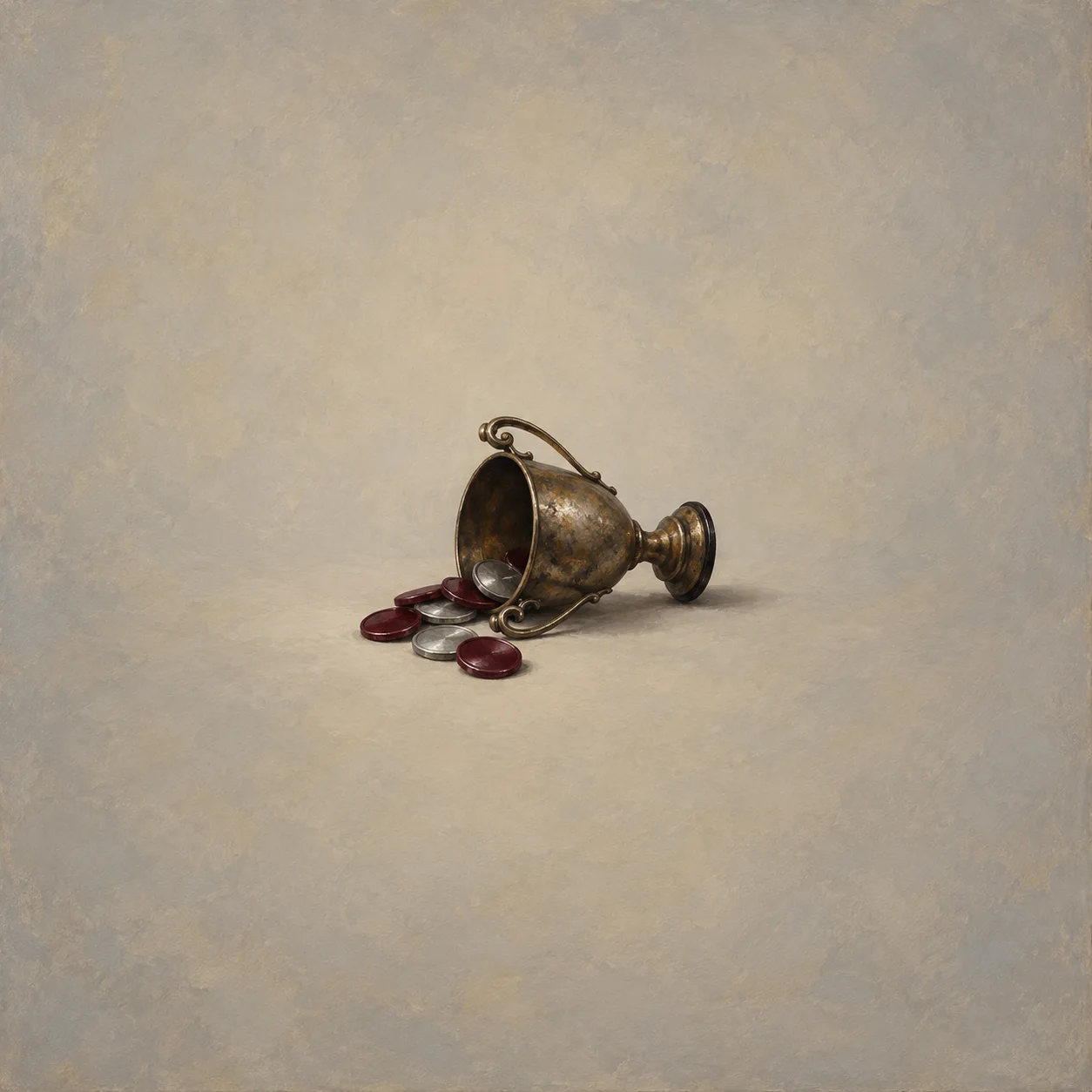 Tipped unmarked trophy with several smooth burgundy and silver discs