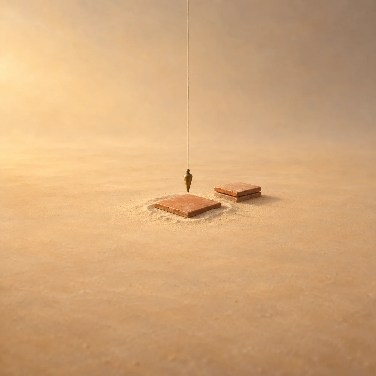A terracotta tile on sand beneath a hanging brass plumb bob, with stacked tiles nearby.