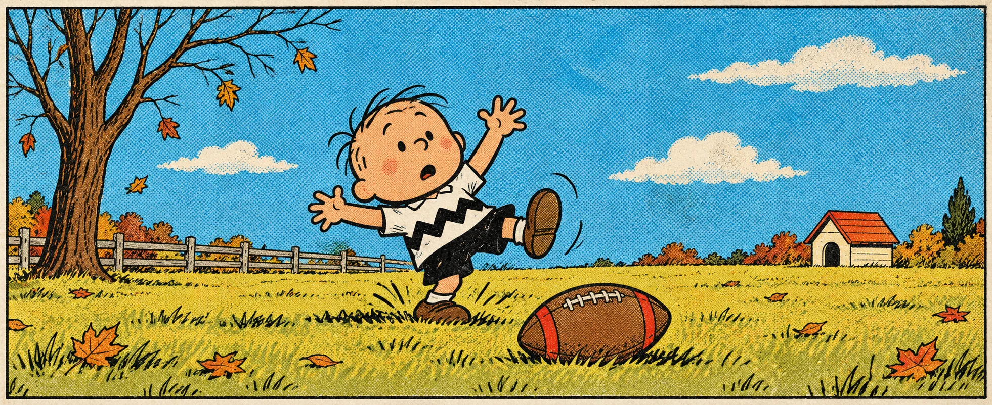 Newspaper-strip illustration: a round-headed boy in a zigzag-striped shirt swings his leg wildly and misses a football lying in an autumn meadow, arms flung up in surprise, with falling leaves and a small kennel behind him.