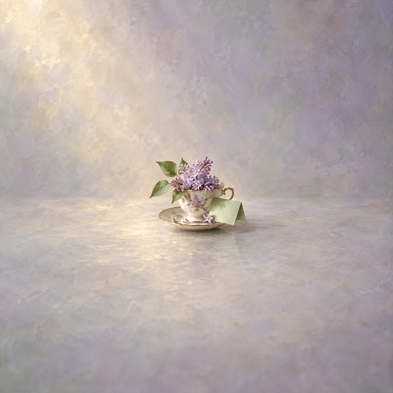 Lilac flowers fill a floral teacup beside a folded green card on a saucer.