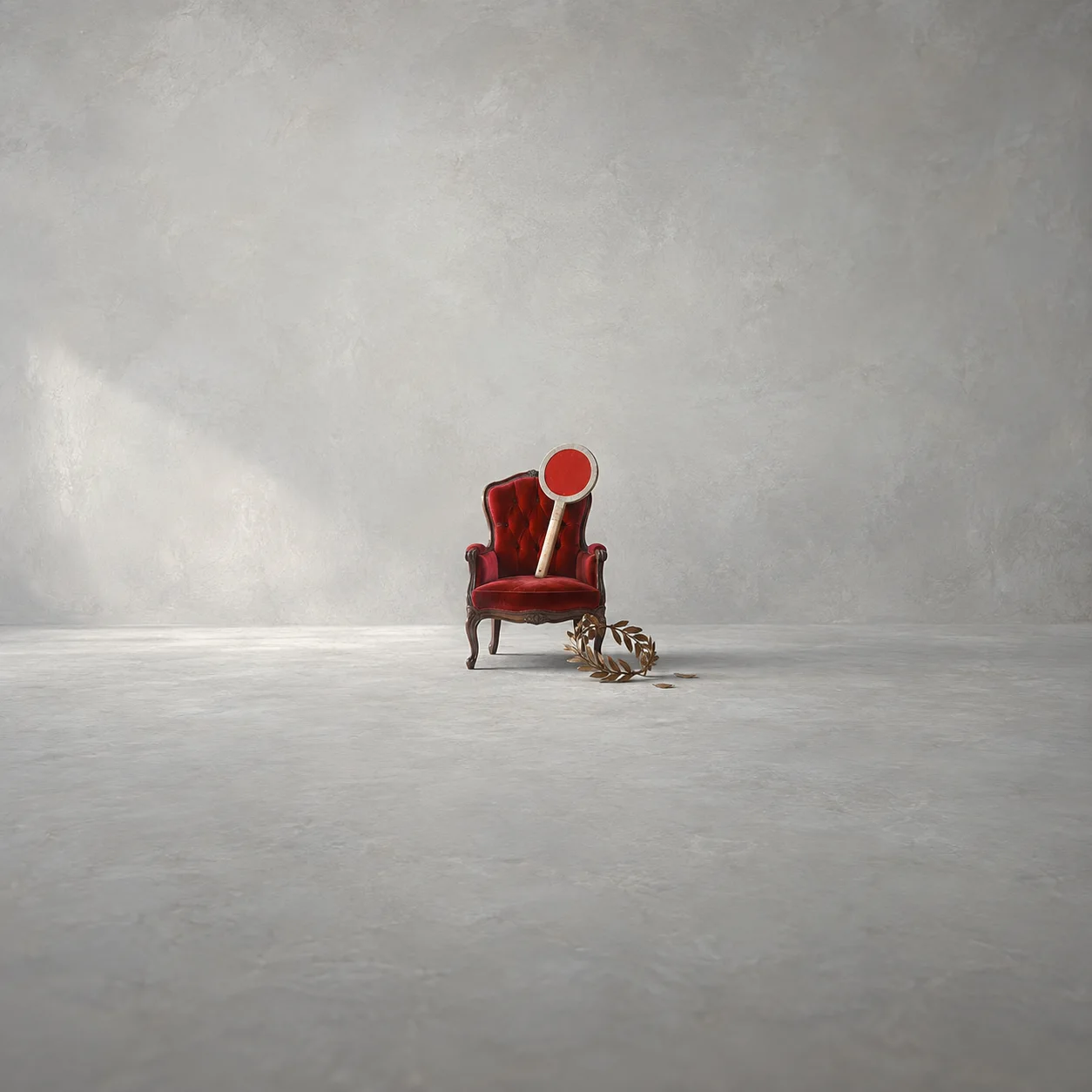 A red velvet chair with a stop paddle on the seat and a laurel wreath fallen beside it.