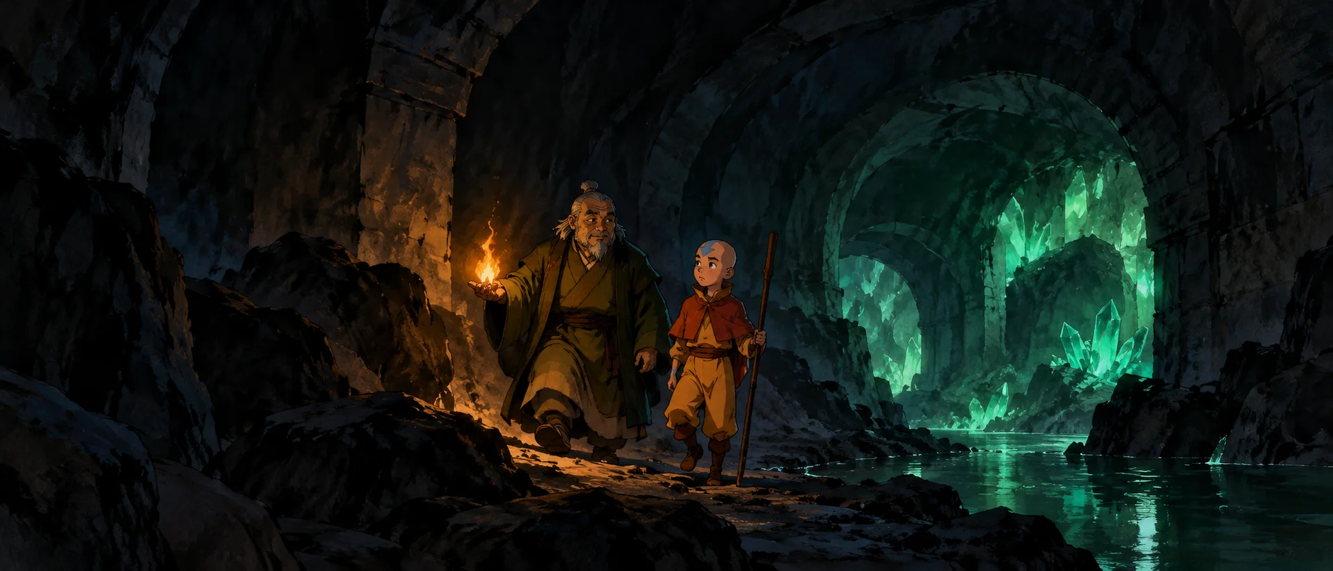 An old man holding a small flame lights the way for a bald boy monk with a staff through a dark tunnel that opens onto glowing green crystals.