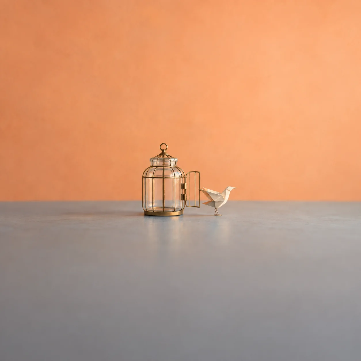 A small brass wire cage with its door open and a paper bird perched outside it on a gray table.