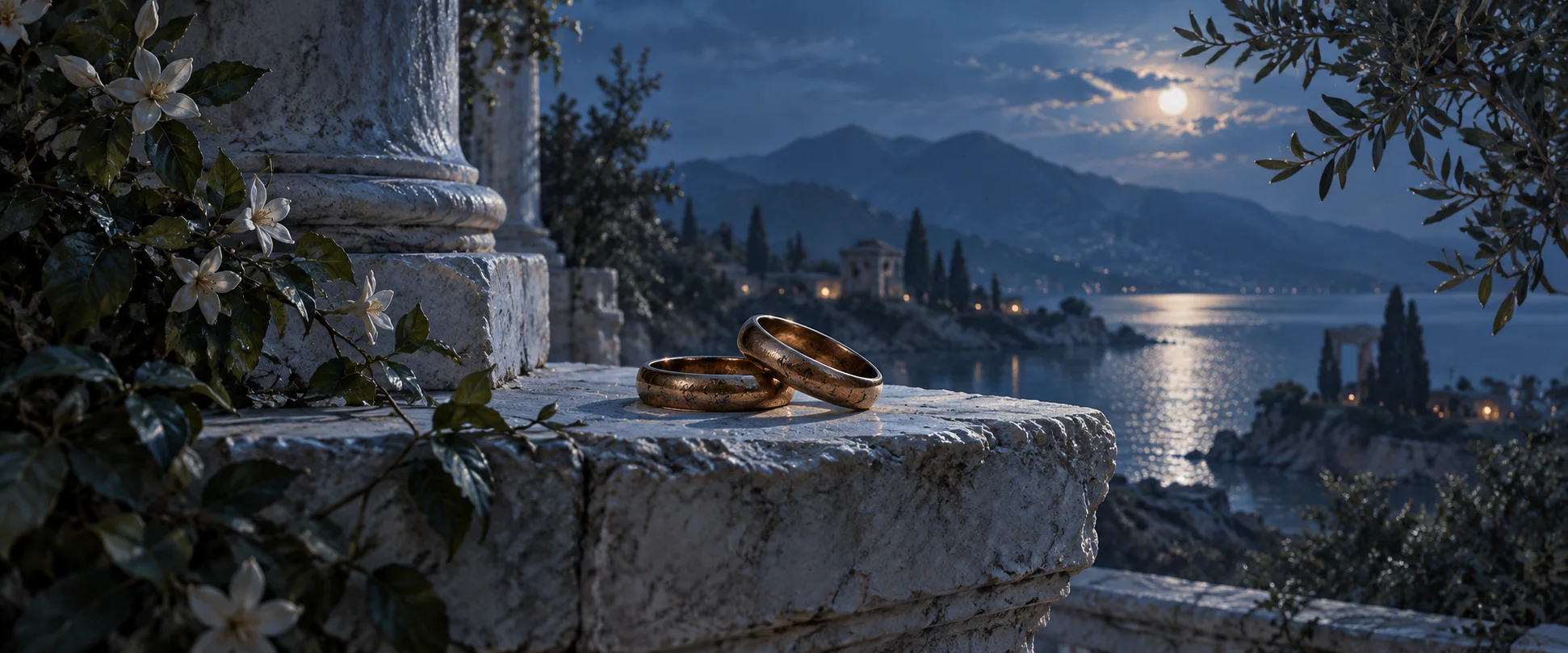 Two small bronze rings rest together on a pale stone ledge under cool blue light.