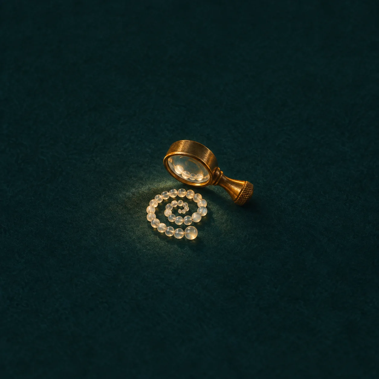 A brass magnifying loupe rests beside a spiral of glowing pale beads on dark teal felt.