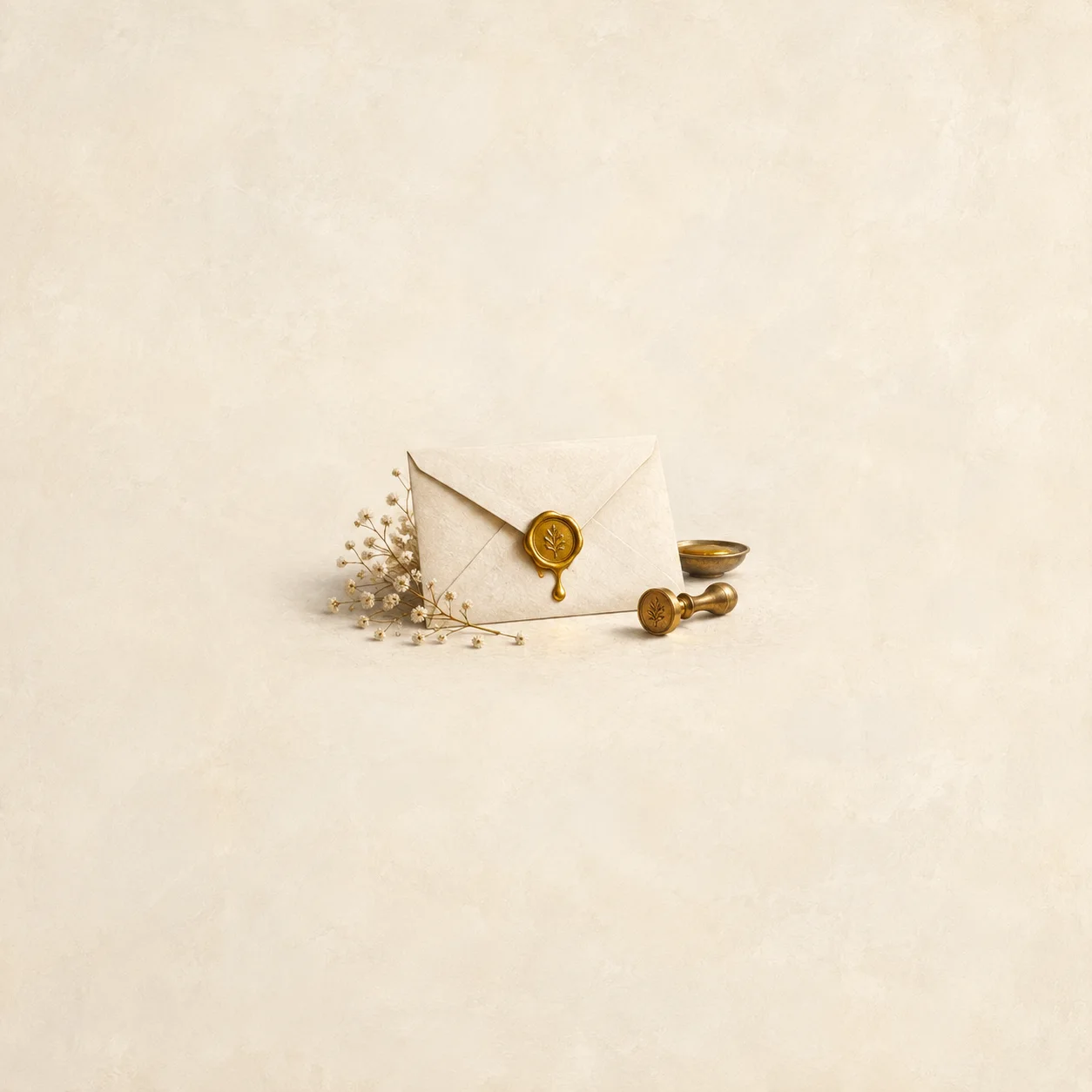 Painterly sealed envelope with a gold wax seal beside dried flowers and sealing tools.