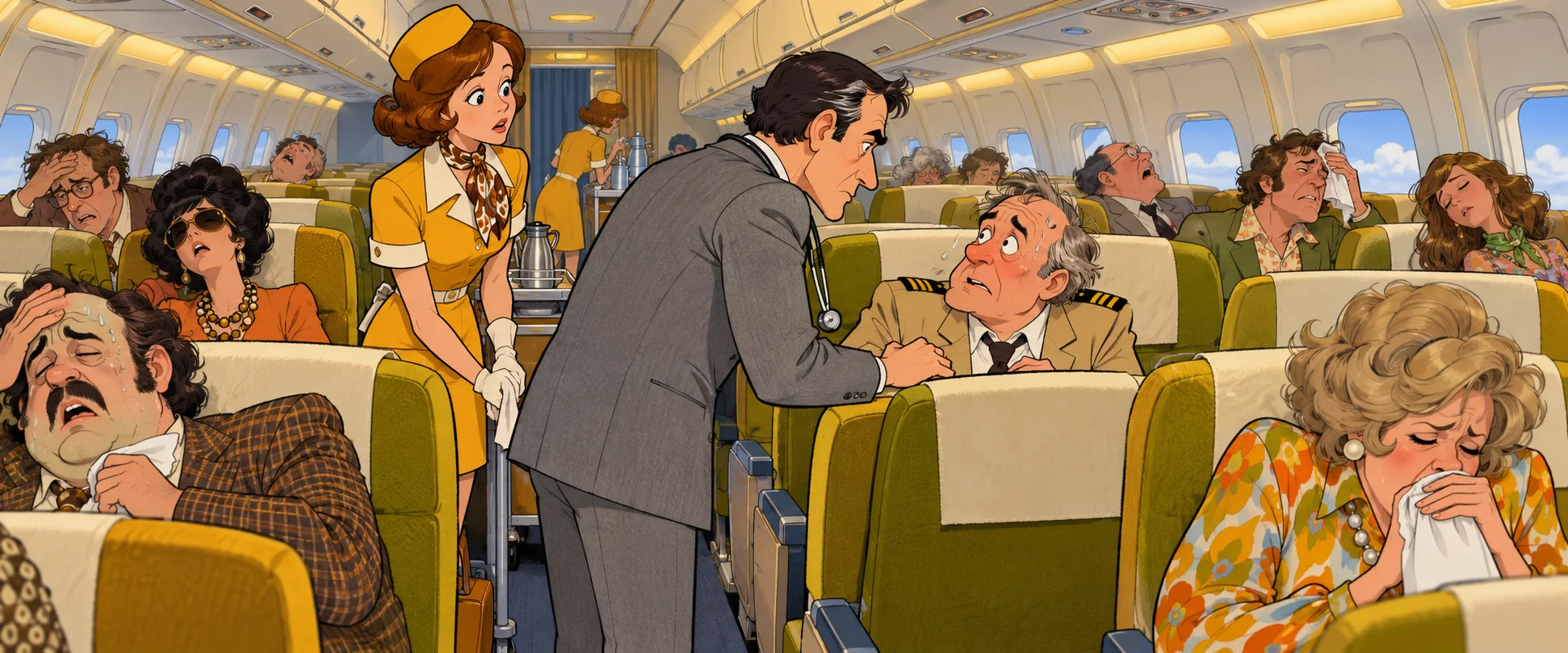 In a cartoon airliner cabin full of sick passengers, a grey-suited doctor leans over a nervous man while a stewardess looks on.