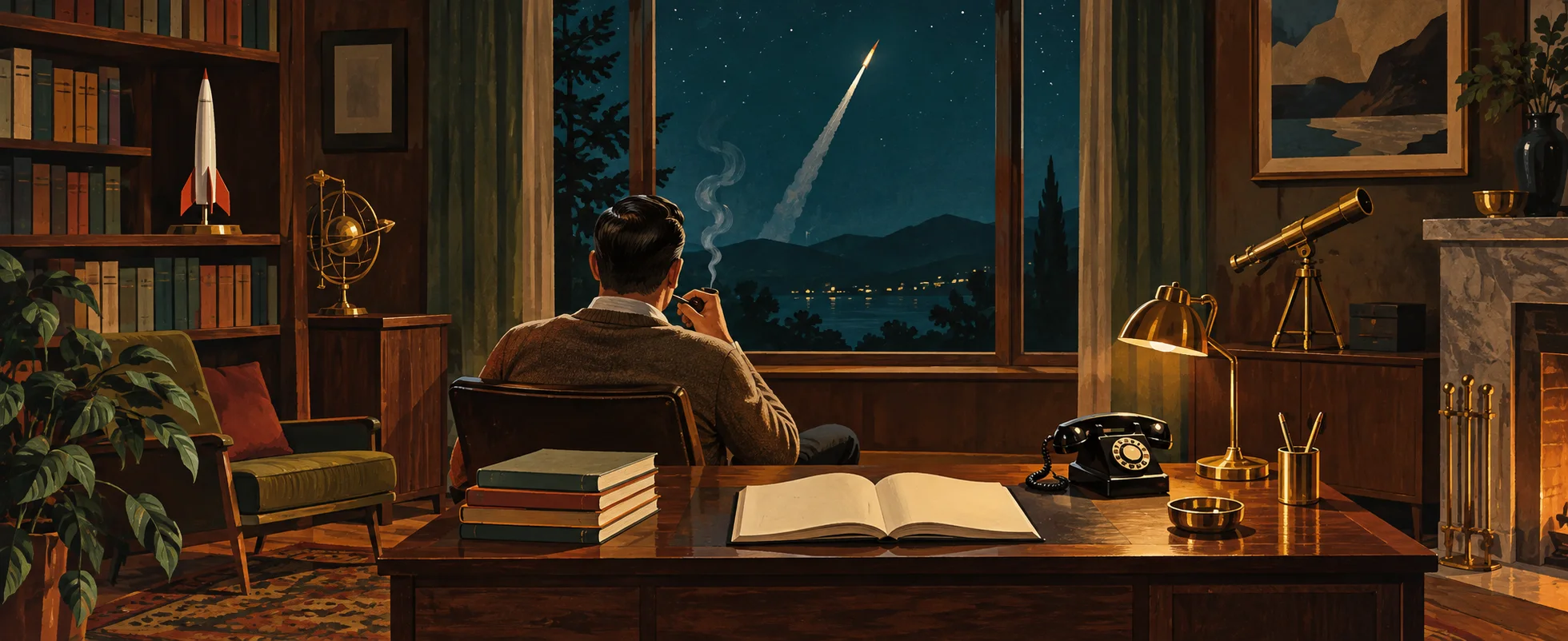 A man in a cardigan smokes a pipe at a desk in a 1960s study, a model rocket on the shelf and a rocket trail streaking past the night window.