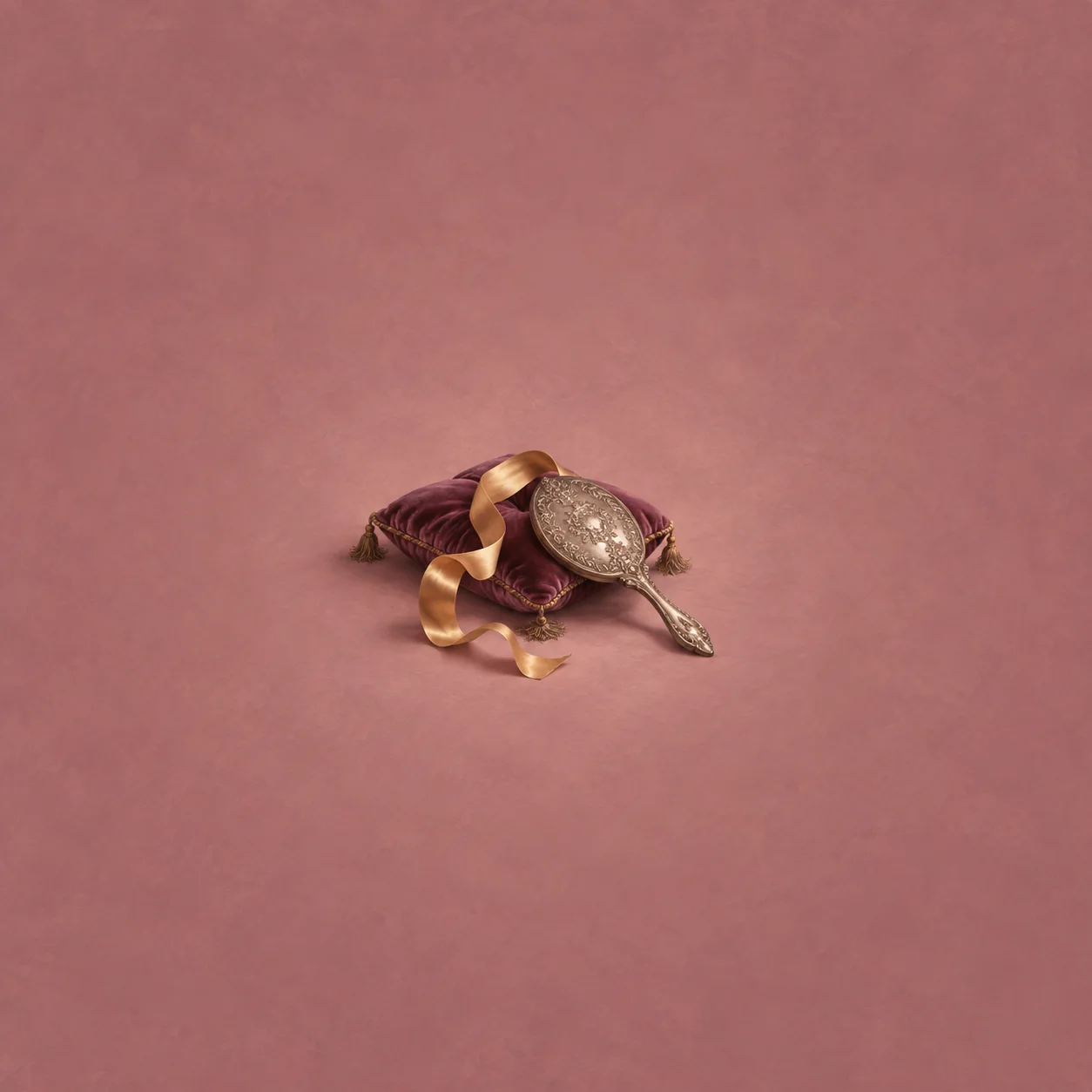 An ornate hand mirror lies face-down beside curling gold ribbon on plum velvet.