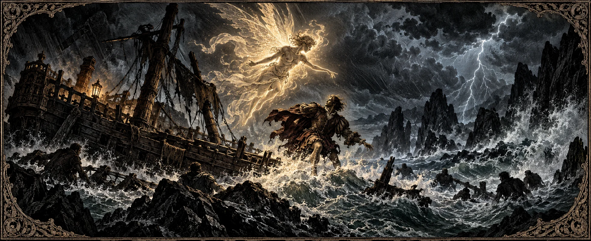 Engraving-style storm scene of a wrecked galleon on black rocks, a glowing winged spirit hovering above as a young prince leaps into the waves.