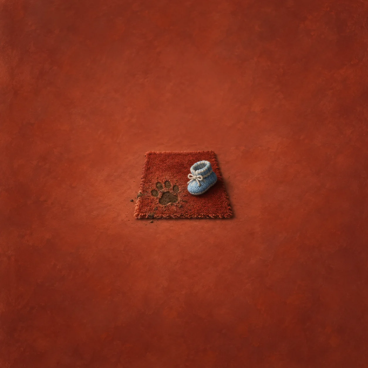 A blue knitted baby bootie rests beside a muddy paw print on a small red rug.