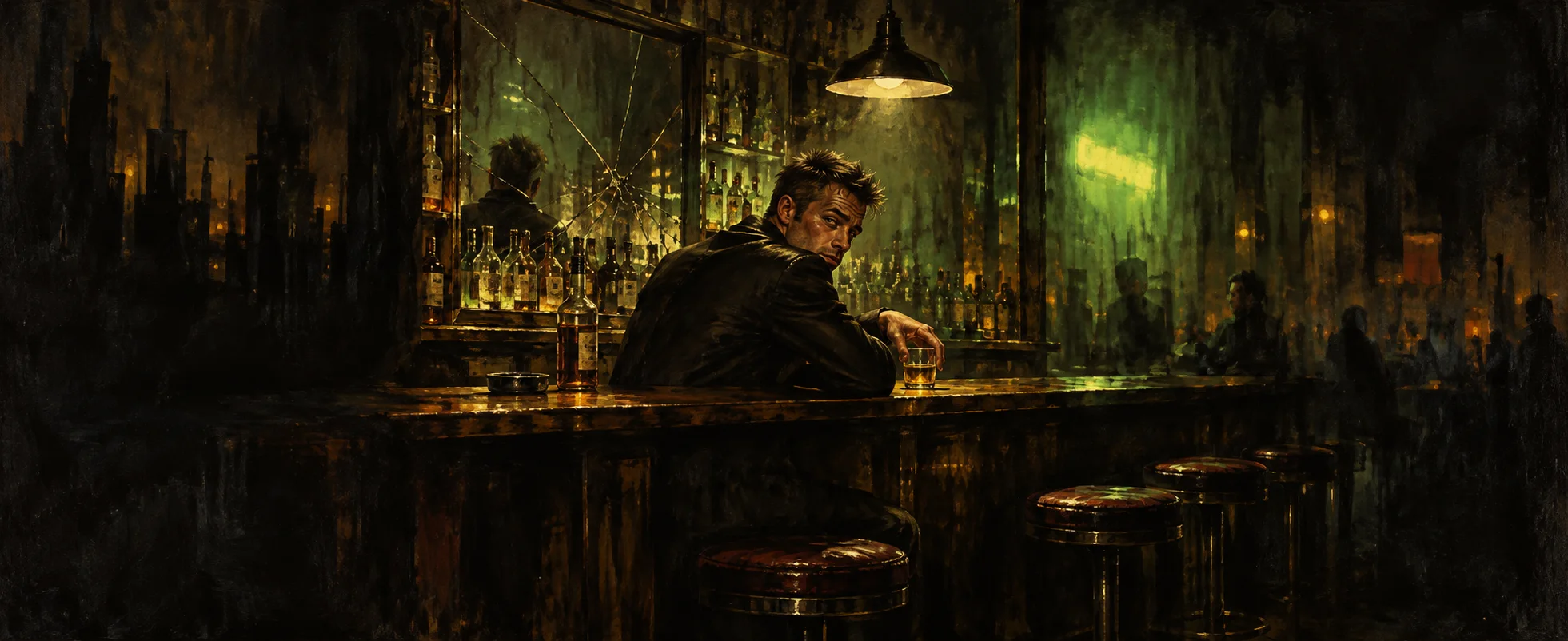 A man in a dark jacket leans on a dim bar counter with a drink, a cracked mirror and a green sign behind him.