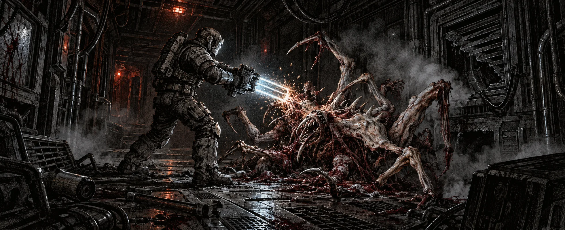 An armoured engineer cuts at a skeletal, many-limbed creature in a dark spaceship corridor.