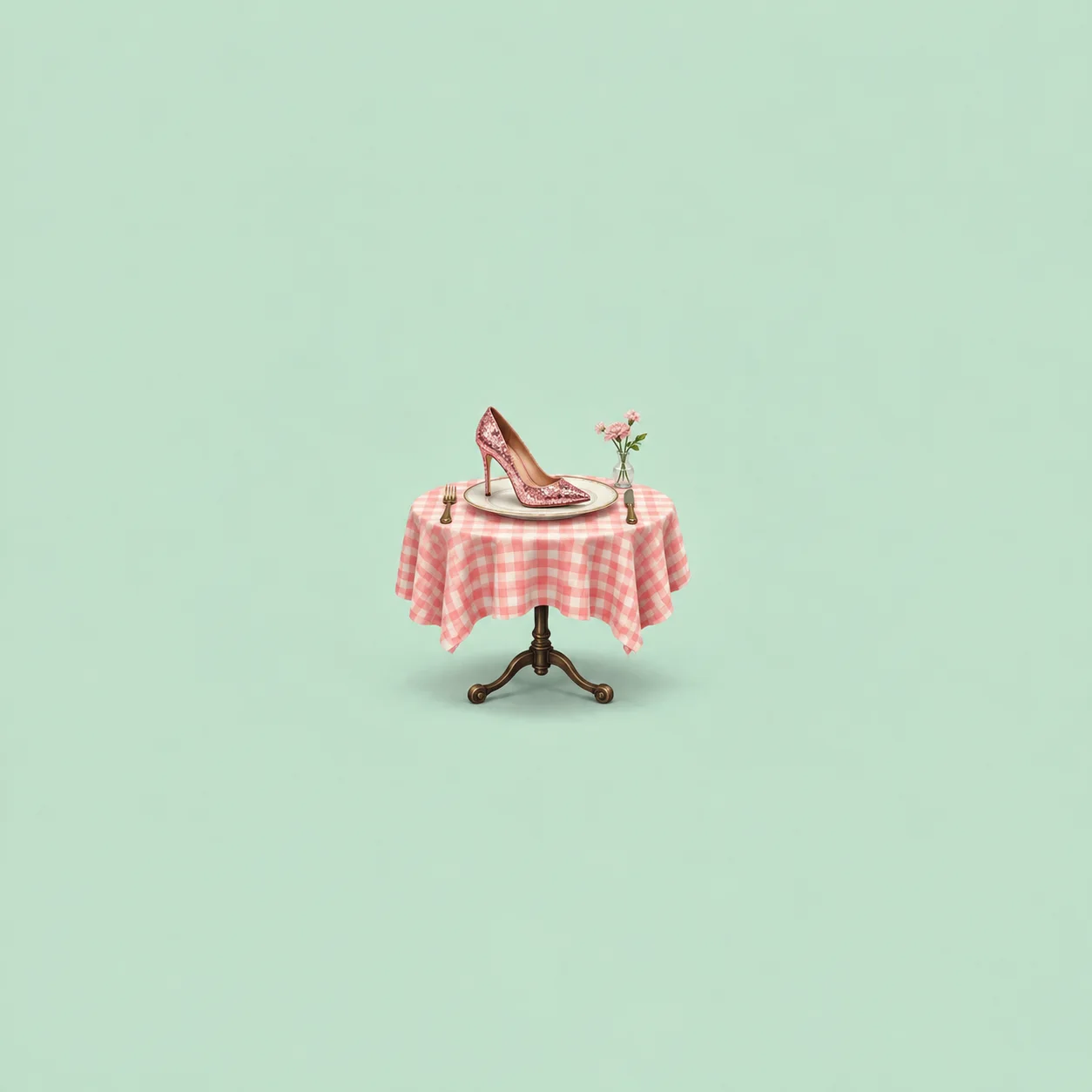 A tiny bistro table with a pink checked cloth, a pink high-heeled shoe on a plate and a small vase of flowers.