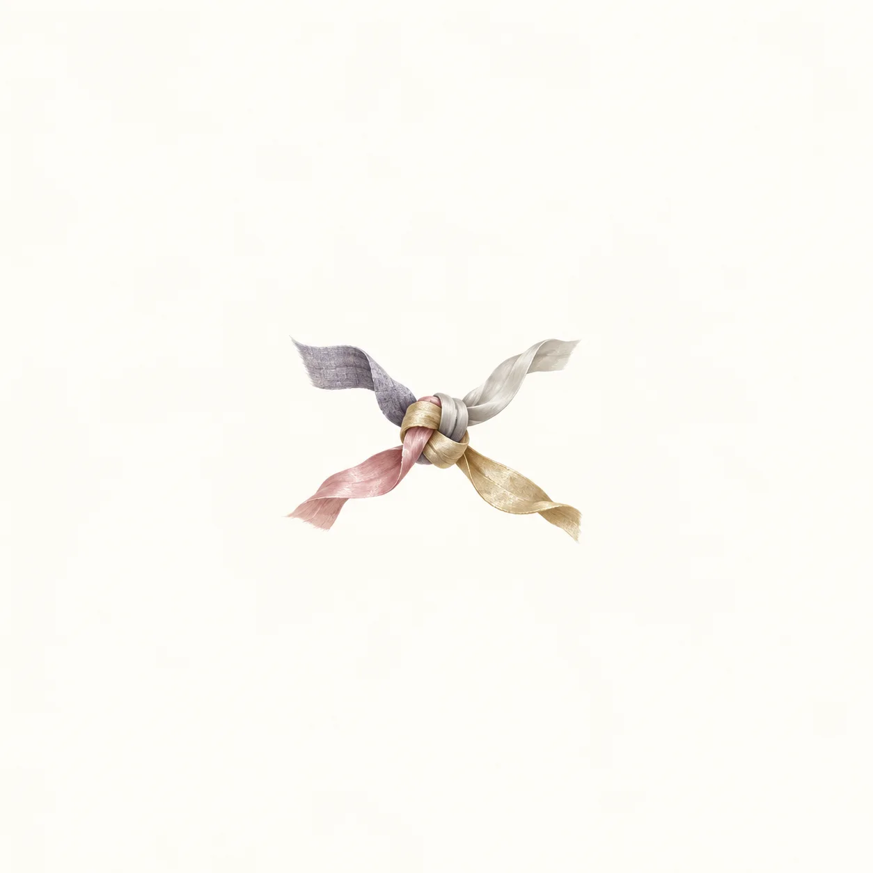 Four pastel ribbons in lavender, cream, pink and pale gold meet in a loose central knot against an ivory background.