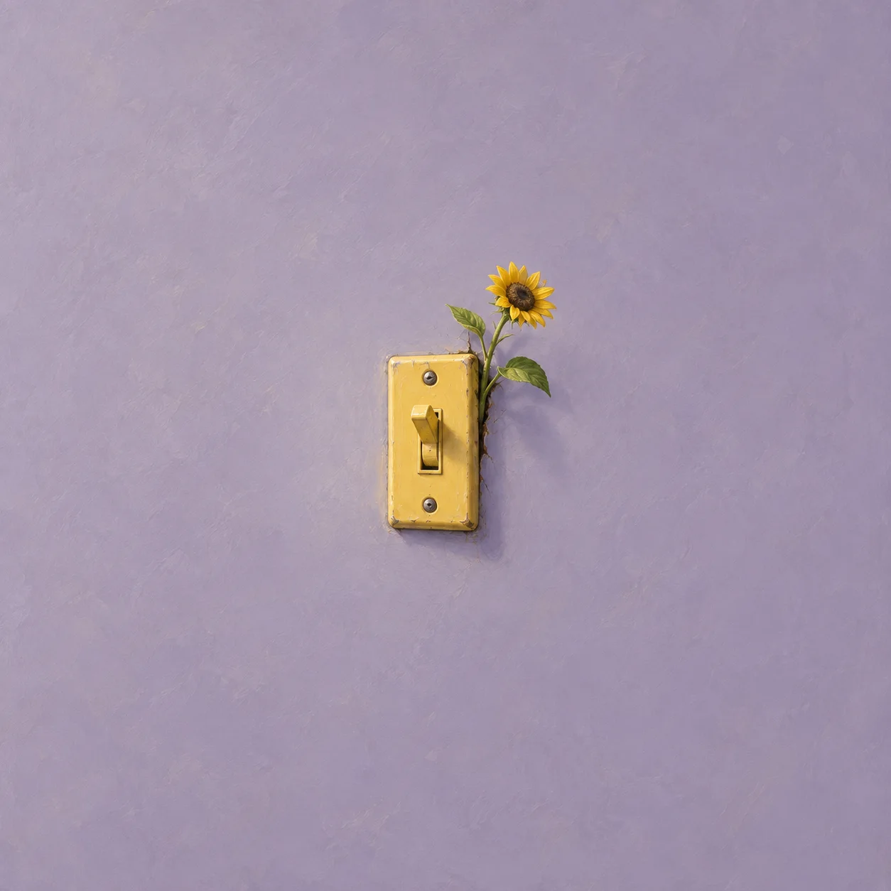 A small sunflower growing beside a yellow light-switch plate against a lilac background.