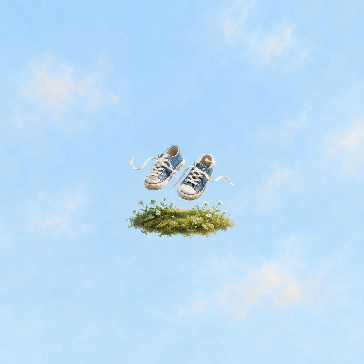 A pair of blue trainers floats above a small patch of grass and flowers against a pale-blue sky.