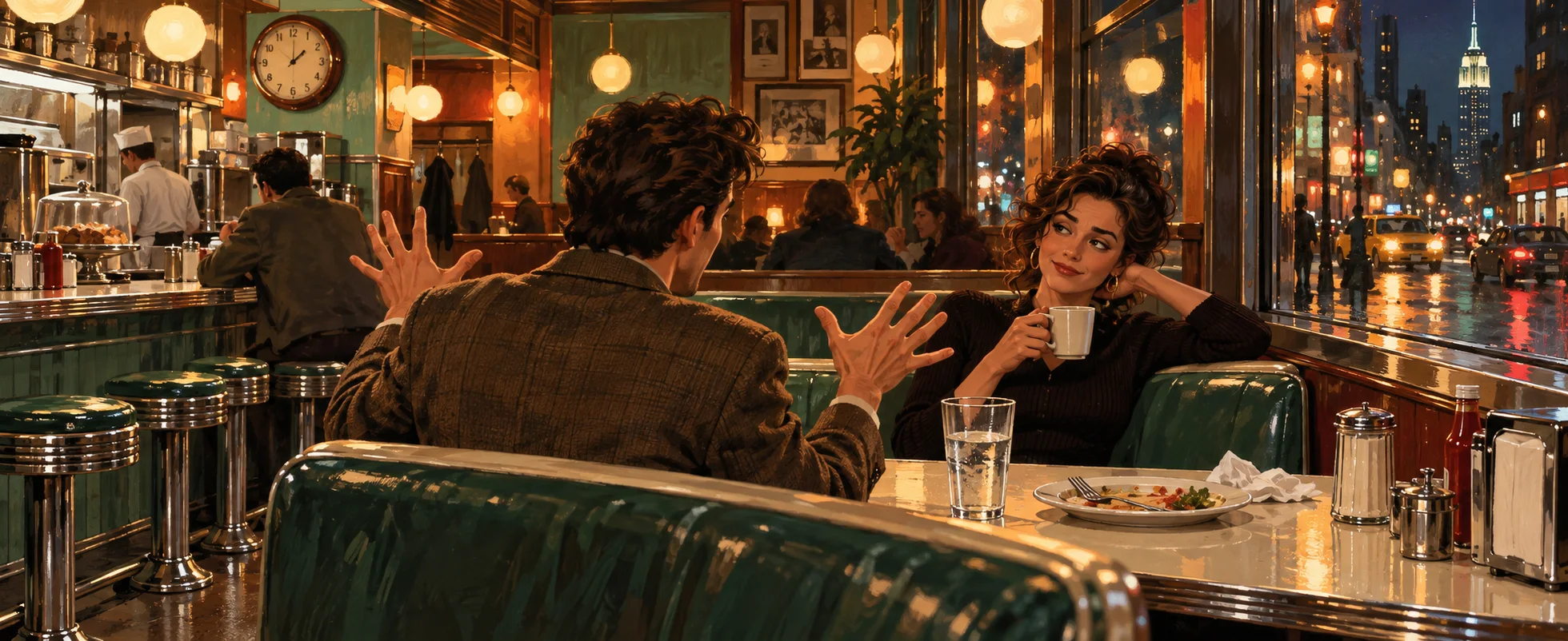A curly-haired man waves his hands across a diner booth at an unimpressed woman sipping coffee.