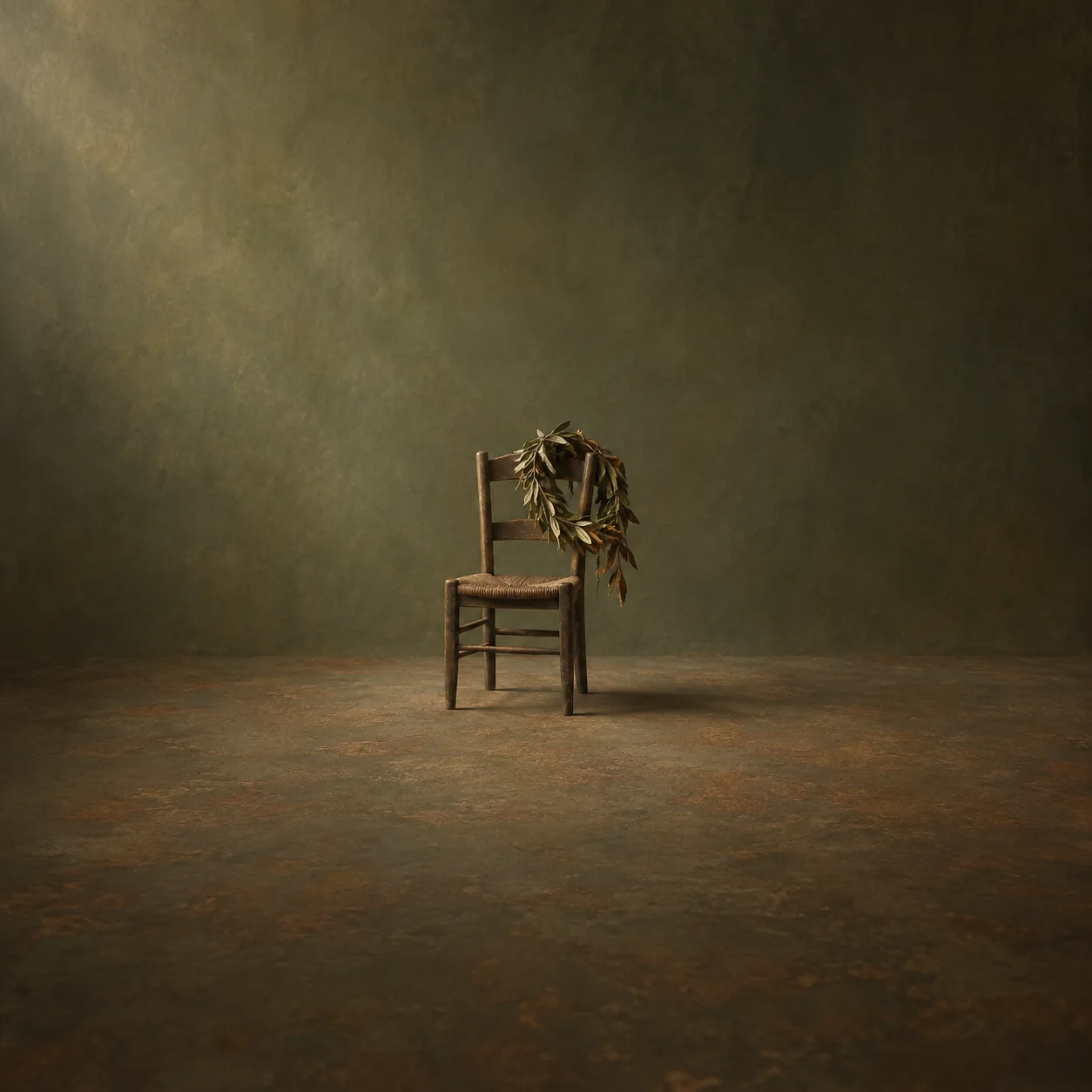 A wilted leafy wreath hangs over the back of an empty wooden chair in a dim olive-and-brown room.