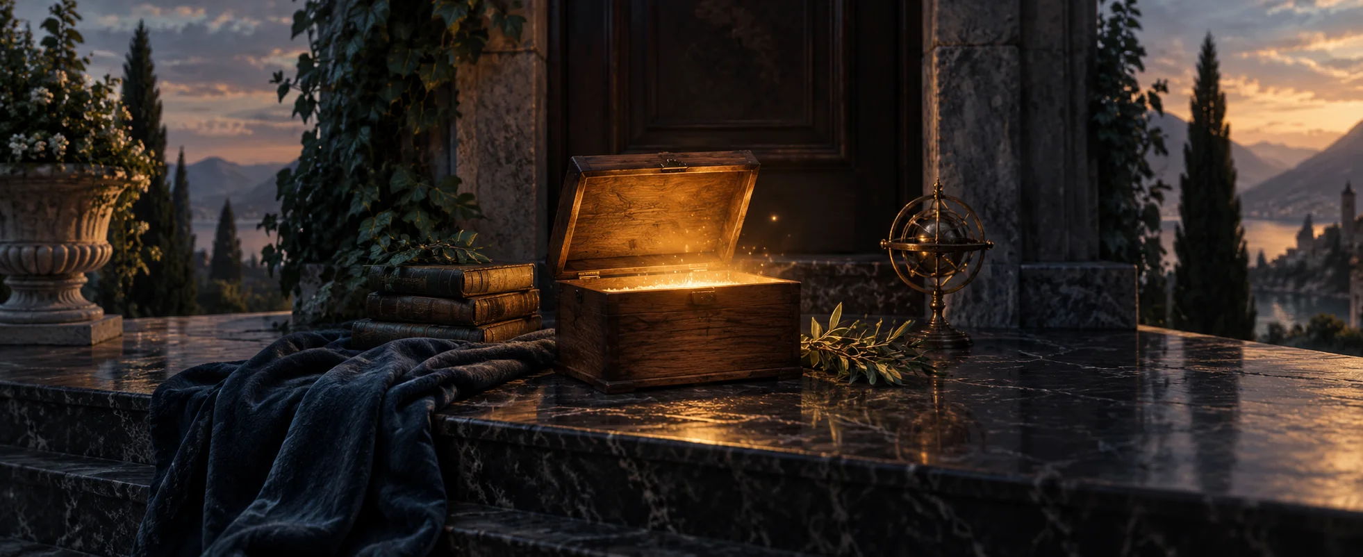 A small golden light shines from an open unmarked wooden box on a dark marble threshold.