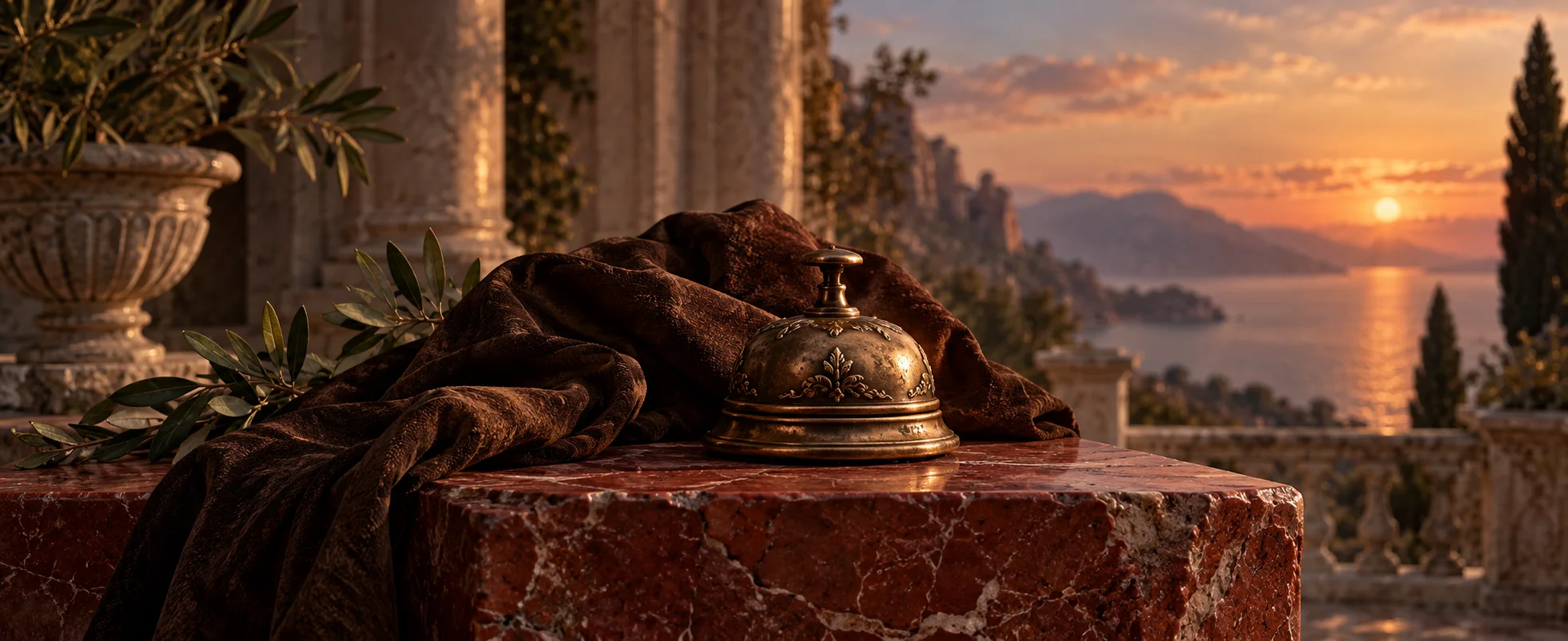 A small bronze service bell rests beside a crumpled dark brown cloth on a red stone platform.