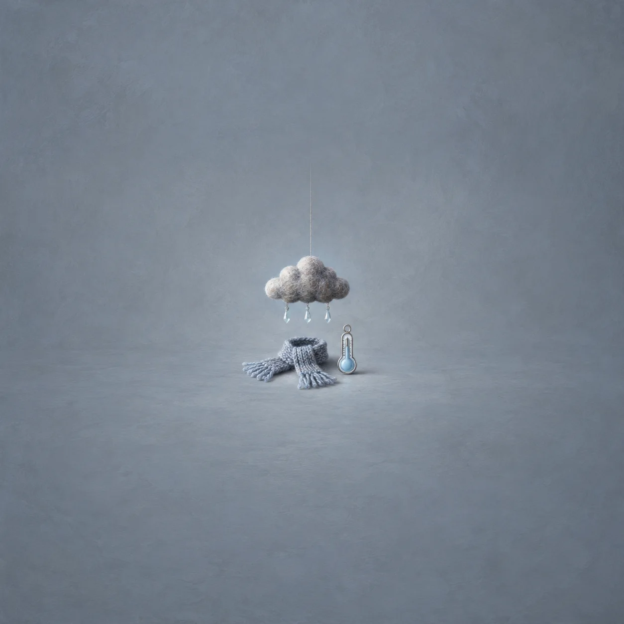 A small grey cloud with hanging drops above a knitted scarf and a blue thermometer charm.
