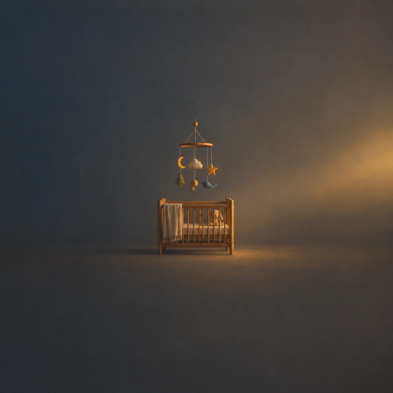 Painterly wooden crib beneath a hanging mobile of moons, stars and other small shapes.