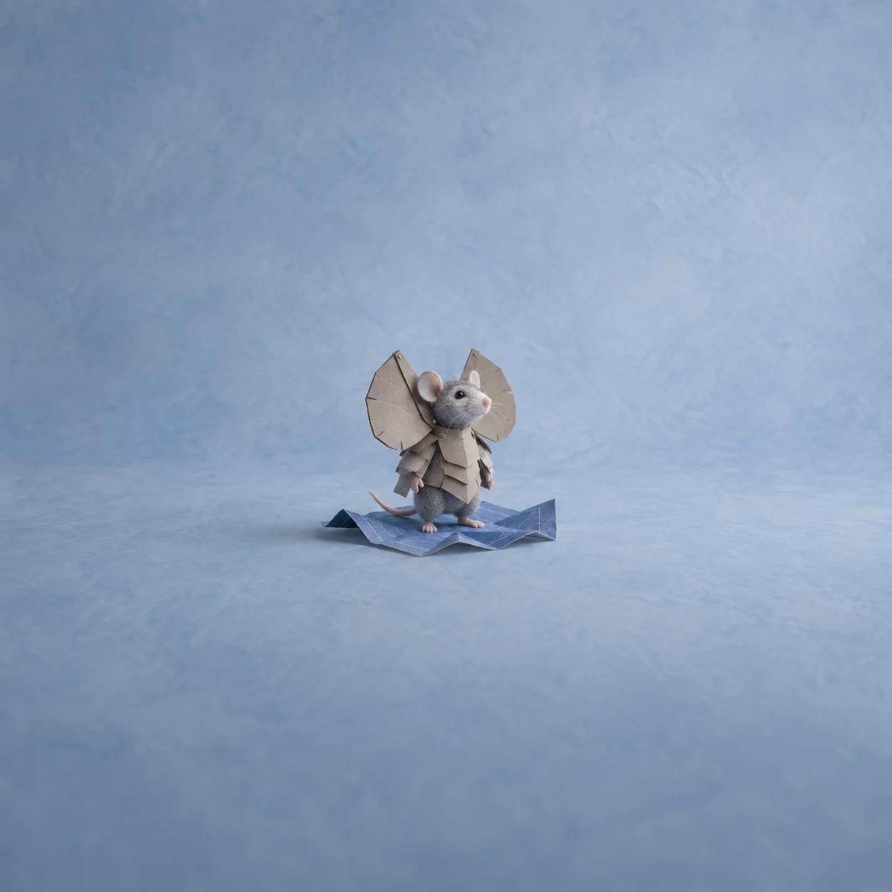 A small gray felt mouse wearing oversized paper elephant ears, standing on folded blue paper.