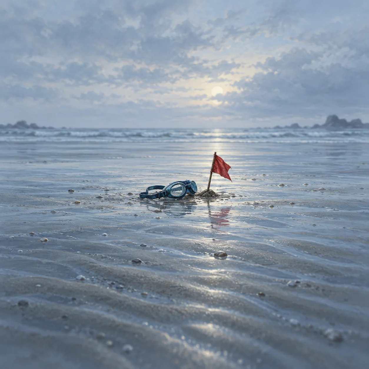 Painterly blue swimming goggles beside a small red flag on rippled wet sand near the sea.