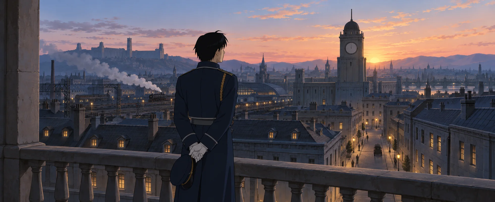 An officer in a navy uniform stands on a balcony at dawn, hands behind his back, looking over a European-style city of slate roofs and a clock tower.