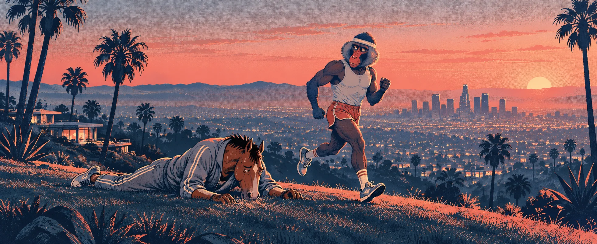 An exhausted cartoon horse in a tracksuit sprawls on a hilltop at dawn as a fit baboon in a headband jogs past, Los Angeles hazy below.