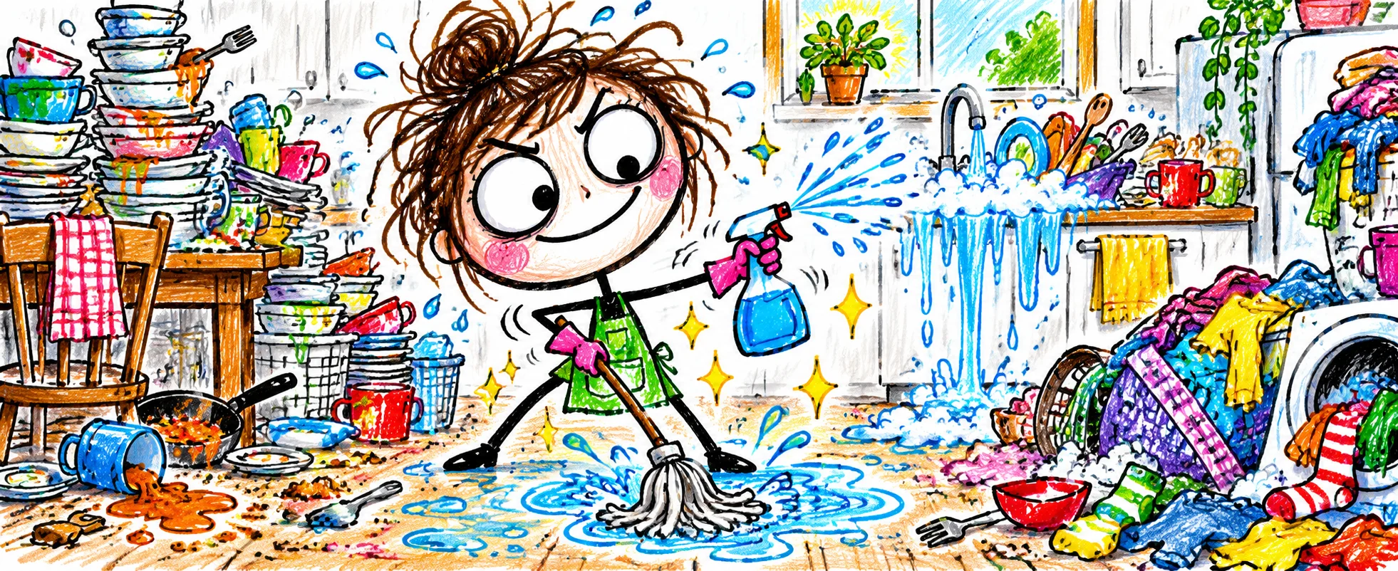 A wild-haired cartoon woman attacks a disastrous kitchen with a mop and spray bottle, dishes and laundry piled high.