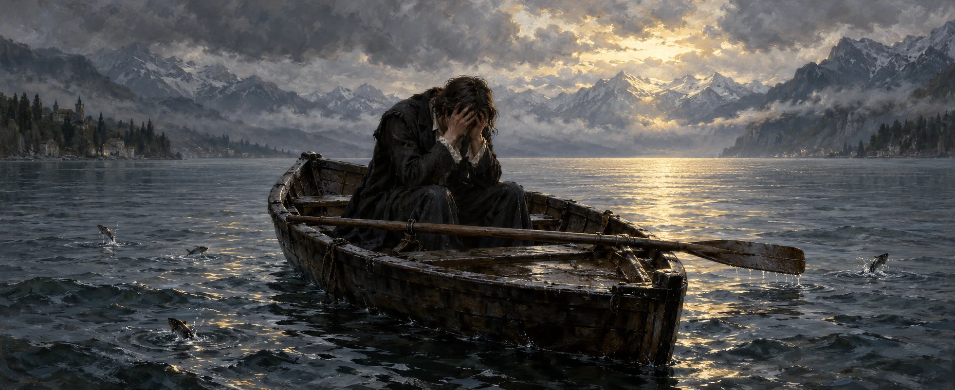 Painting of a dishevelled young man hunched in a rowing boat on a grey alpine lake at dawn, head in his hands, fish breaking the water as the clouds lift.