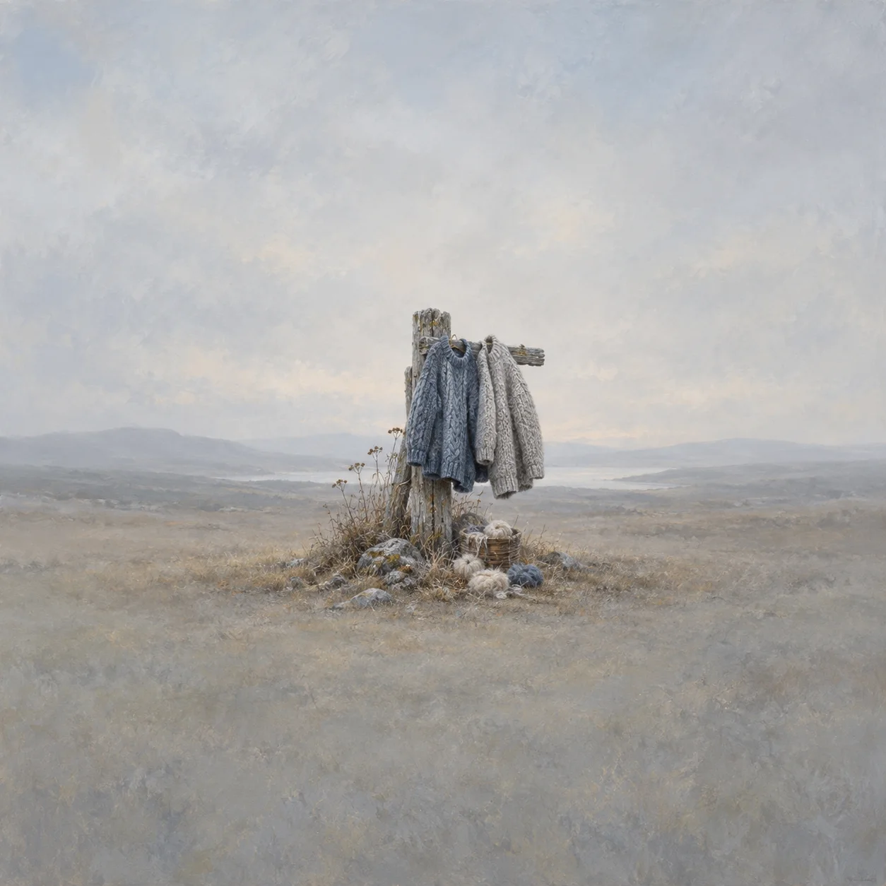 Painterly blue and grey woollen garments hanging from a weathered wooden post in a stony open landscape.